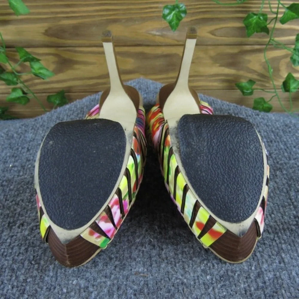 Report Signature Platform Heels Slingback Peep Toe Colorful Strappy Heels Sz 7.5